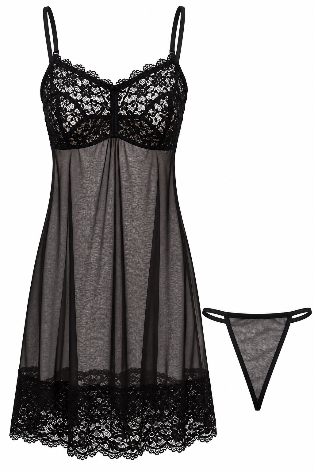 Women’s Sexy Black Lace Babydoll Nightwear Set with Thong