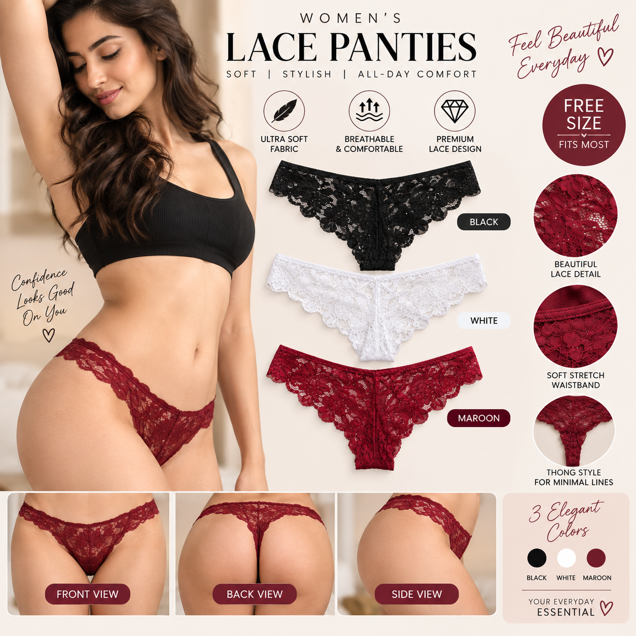 Women’s Floral Lace Thong Panty Set of 3 | Black, White & Wine Red | Lingerie