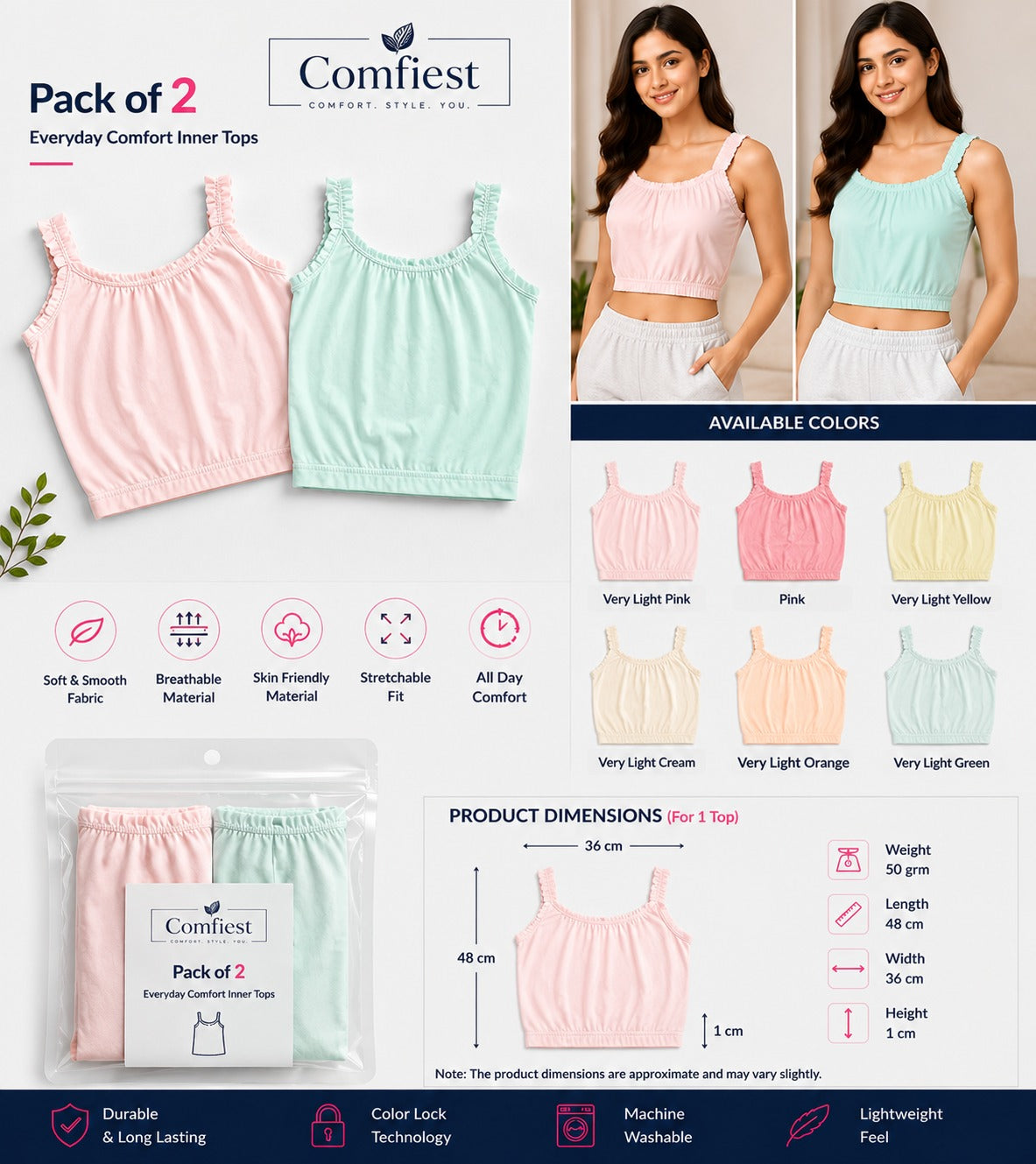 Comfiest Women's Cotton Camisole (Pack of 2) – Soft & Comfortable Inner Slip