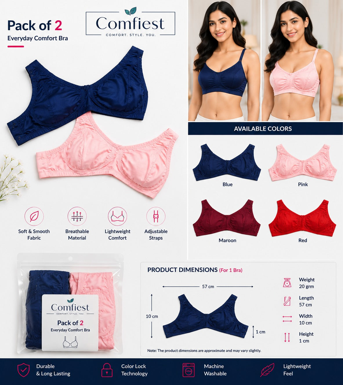 Comfiest Women's Everyday Comfort Bra (Pack of 2) – Soft & Supportive Daily Wear Bra