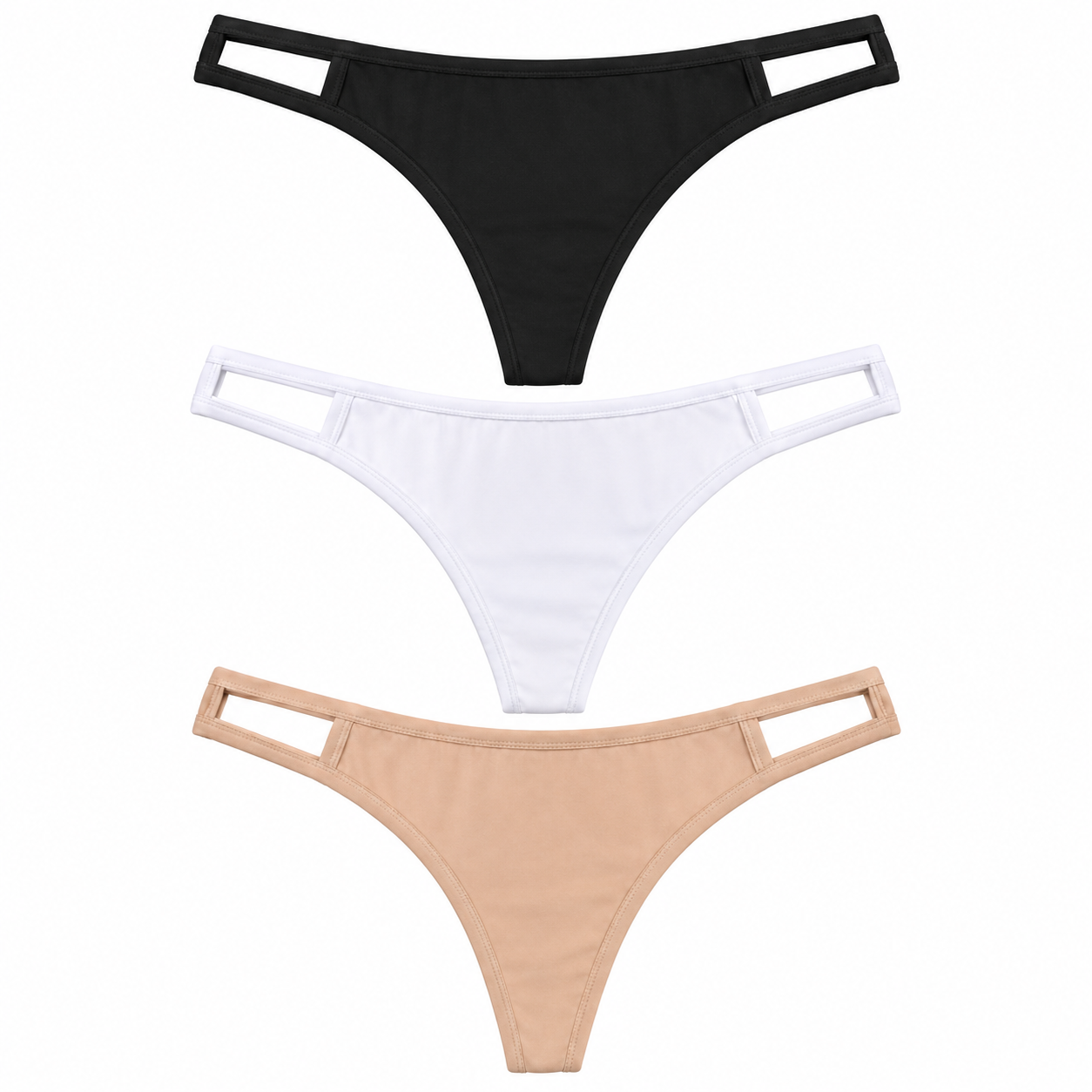 Women’s Cotton-Feel Thong Panties Pack of 3 | Black White Beige | Stretchable Lingerie