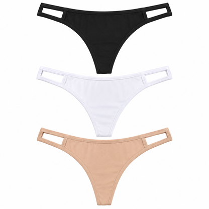 Women’s Cotton-Feel Thong Panties Pack of 3 | Black White Beige | Stretchable Lingerie