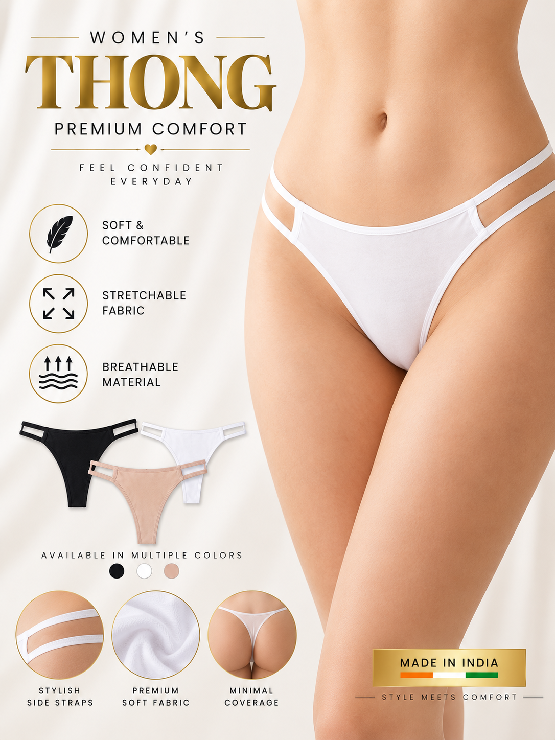 Women’s Cotton-Feel Thong Panties Pack of 3 | Black White Beige | Stretchable Lingerie