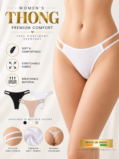 Women’s Cotton-Feel Thong Panties Pack of 3 | Black White Beige | Stretchable Lingerie