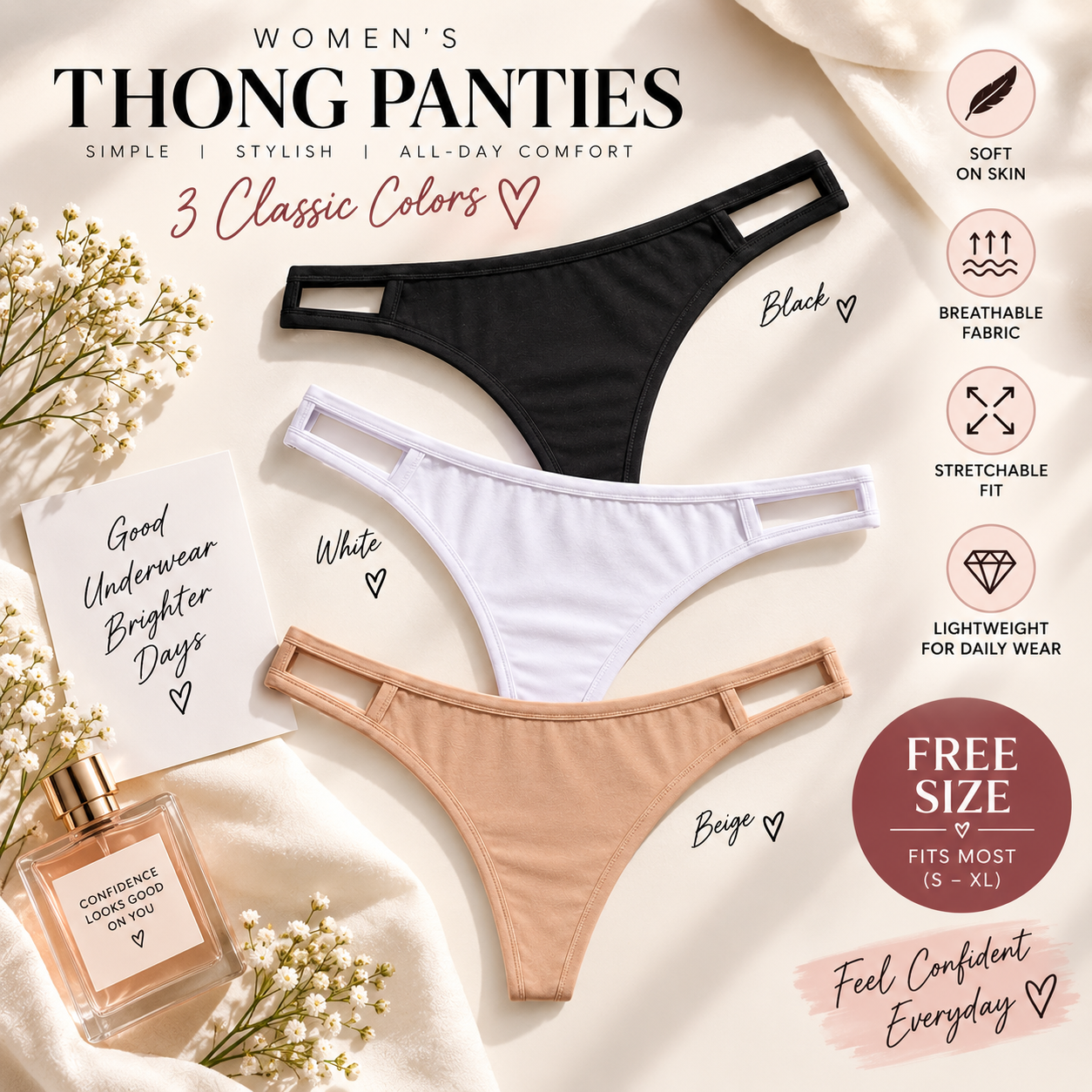 Women’s Cotton-Feel Thong Panties Pack of 3 | Black White Beige | Stretchable Lingerie