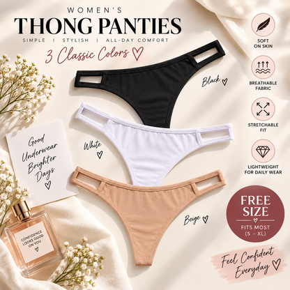 Women’s Cotton-Feel Thong Panties Pack of 3 | Black White Beige | Stretchable Lingerie