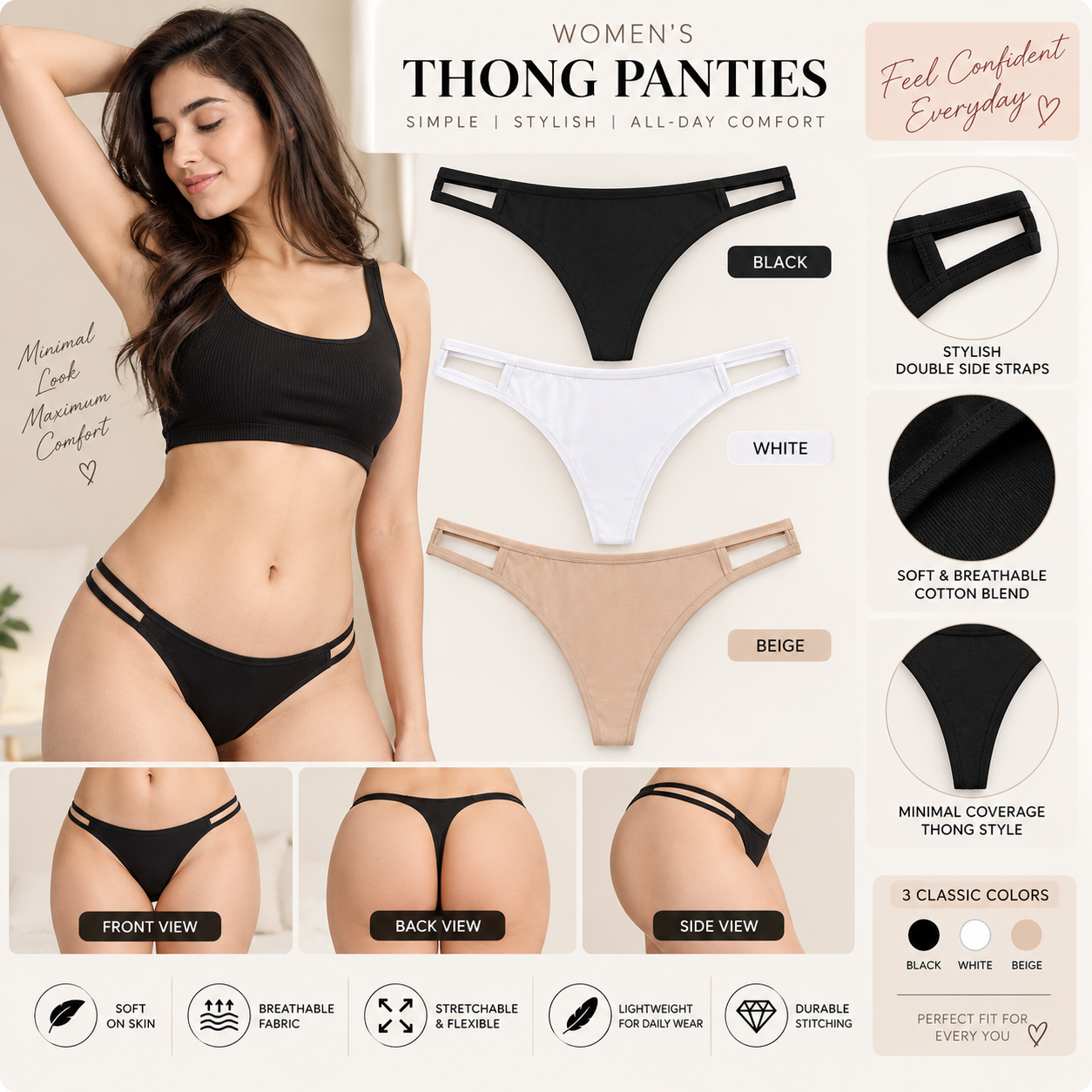 Women’s Cotton-Feel Thong Panties Pack of 3 | Black White Beige | Stretchable Lingerie