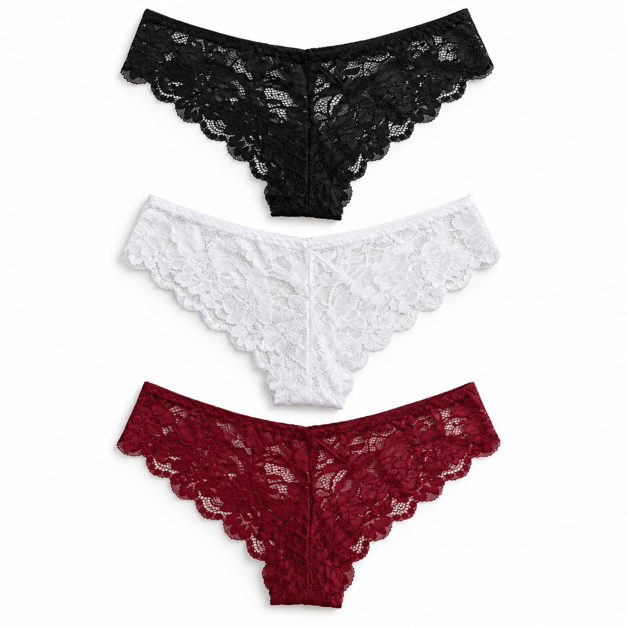 Women’s Floral Lace Thong Panty Set of 3 | Black, White & Wine Red | Lingerie