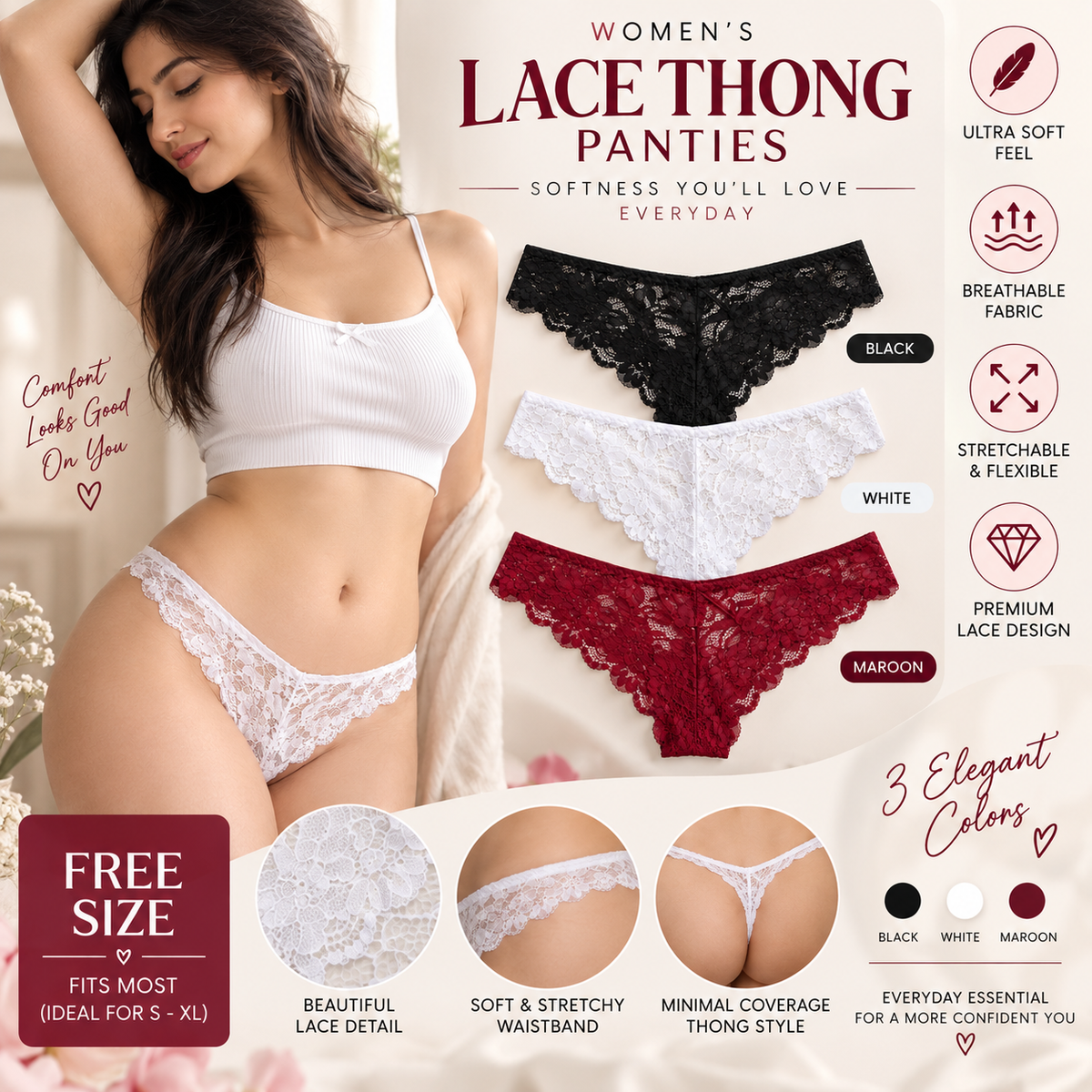 Women’s Floral Lace Thong Panty Set of 3 | Black, White & Wine Red | Lingerie