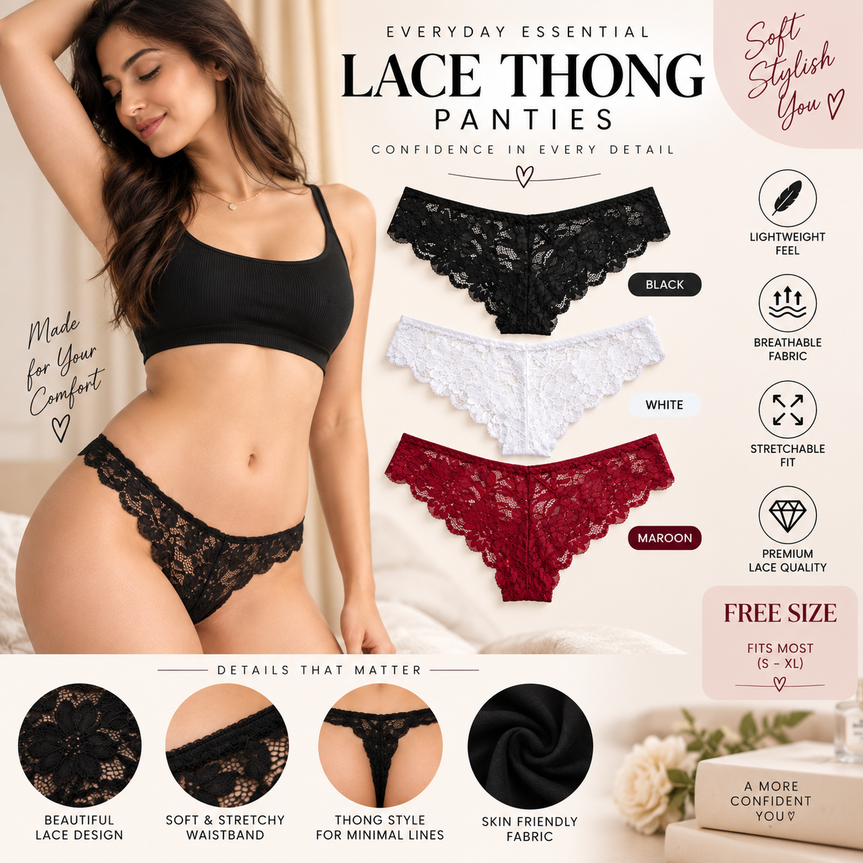 Women’s Floral Lace Thong Panty Set of 3 | Black, White & Wine Red | Lingerie