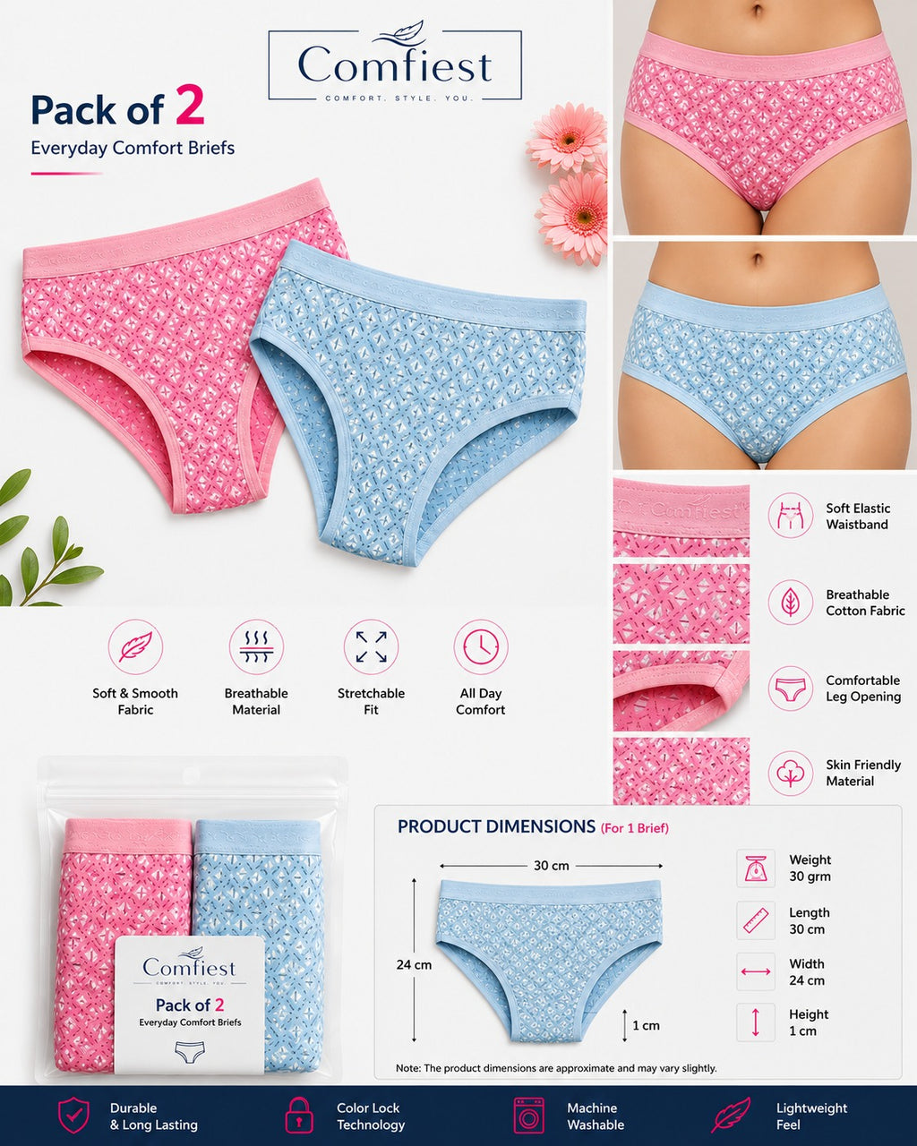 Comfiest Women's Printed Cotton Hipster Panties (Pack of 2) – Geometric Print, Soft & Comfortable Briefs