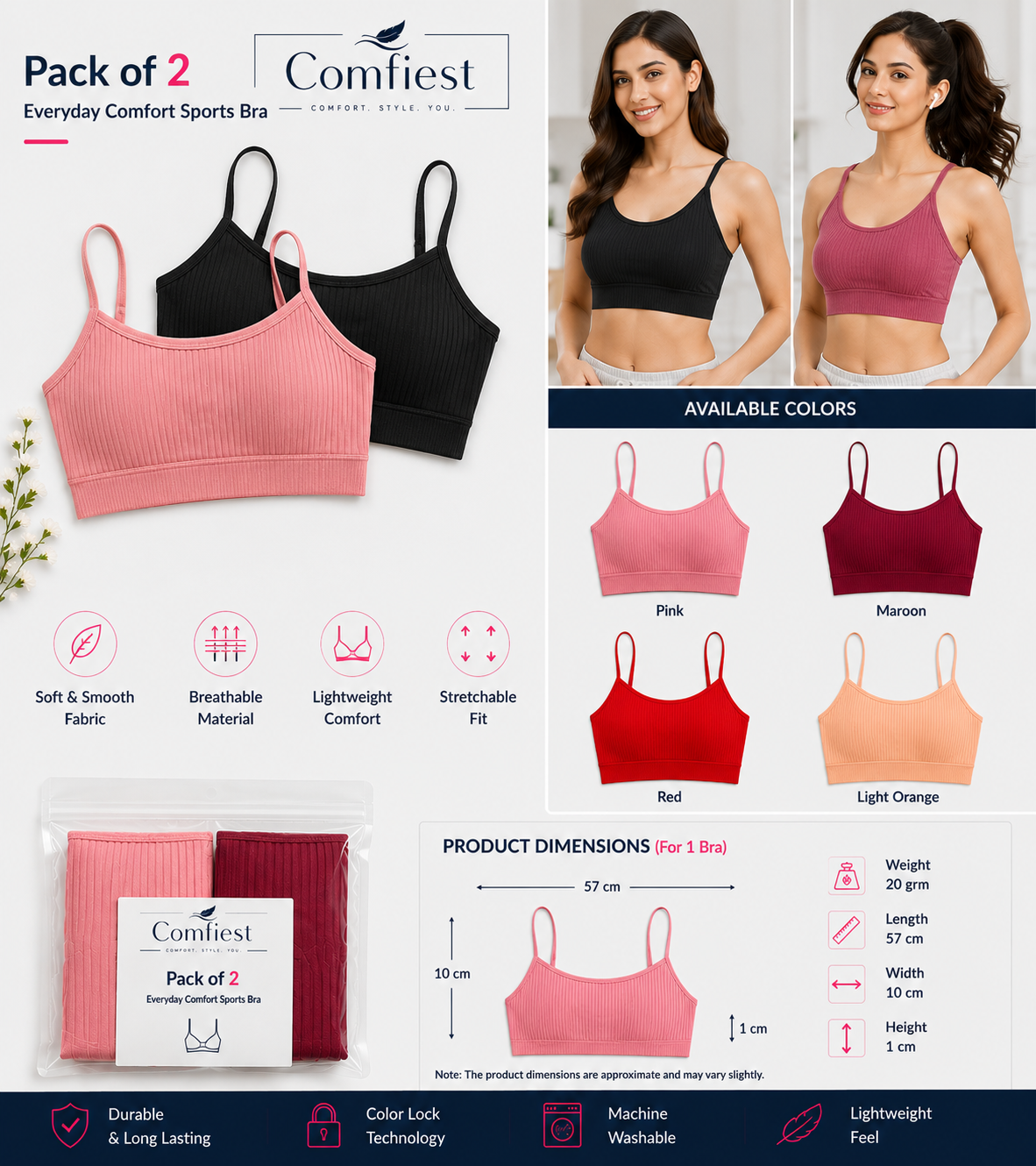 Comfiest Women's Seamless Wire-Free Bra (Pack of 2) – Soft & Supportive Everyday Bra