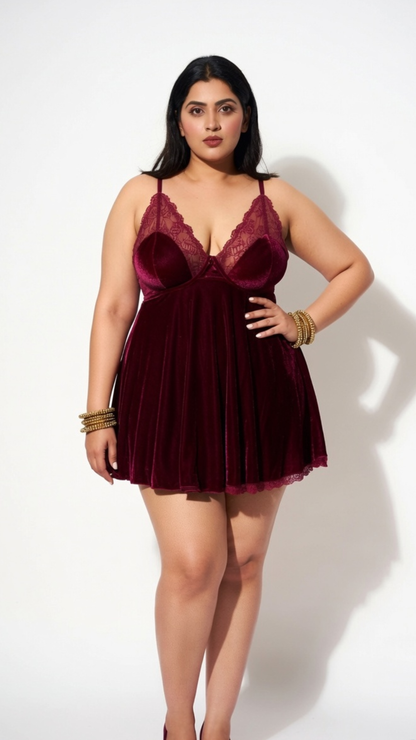 Comfiest Women's Plus Size Velvet Babydoll Nightdress | Lace Deep V Neck Honeymoon Lingerie | Soft Sleepwear with Adjustable Straps | Wine