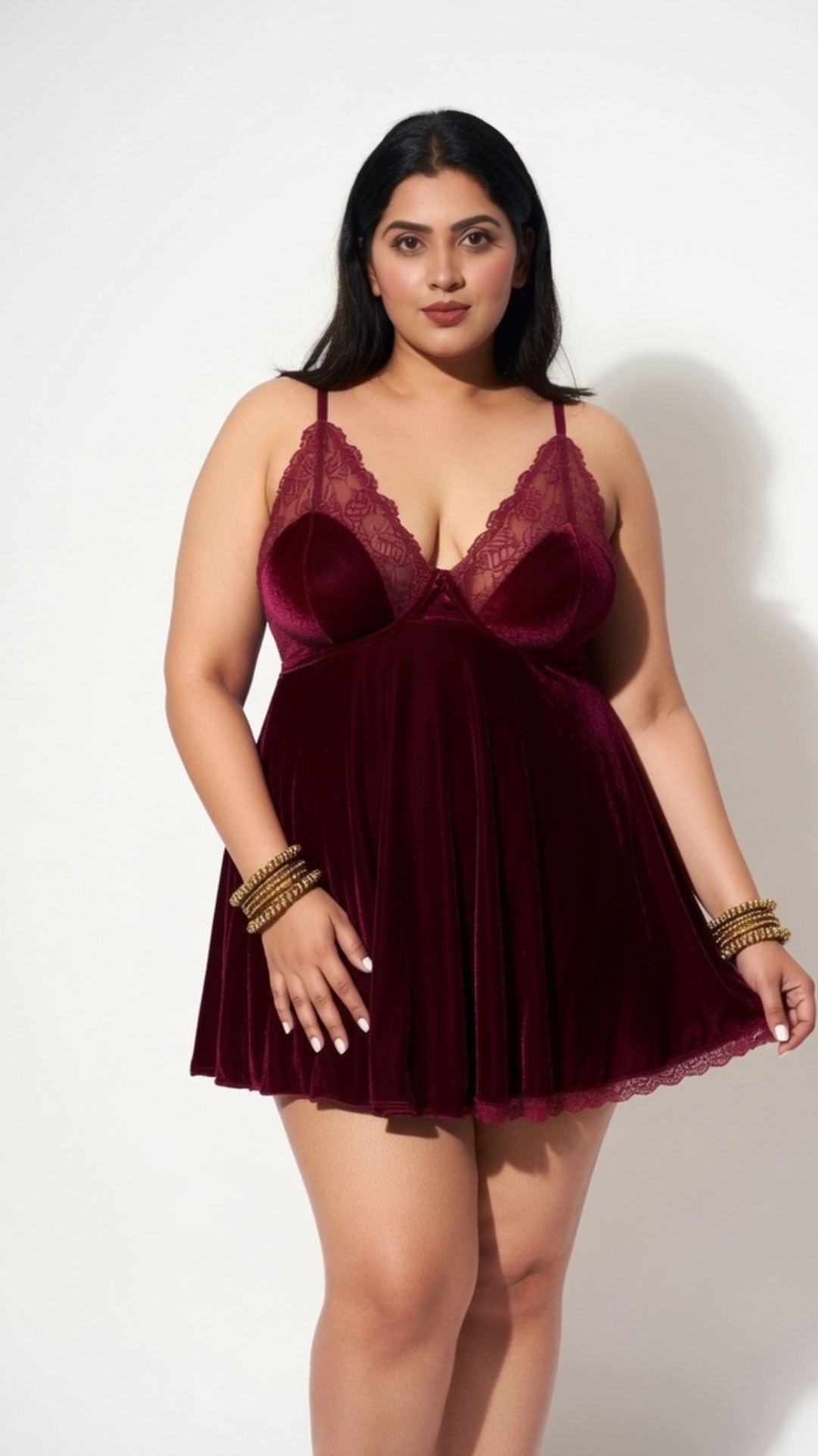 Comfiest Women's Plus Size Velvet Babydoll Nightdress | Lace Deep V Neck Honeymoon Lingerie | Soft Sleepwear with Adjustable Straps | Wine