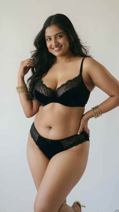 Comfiest Plus Size Velvet Lace Bra & Panty Set for Women | Premium Soft Lingerie | 3 Color Collection